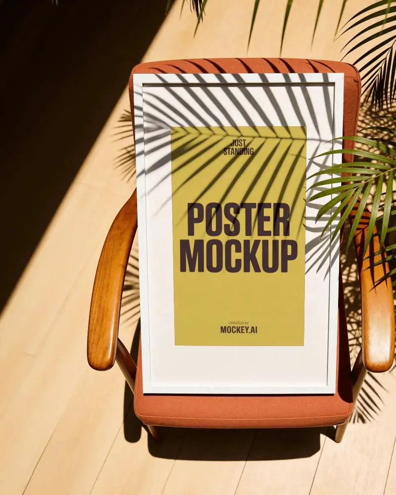 Sunlit Framed Poster Mockup On Cushioned Chair With Palm Leaf Shadows And Minimal Tropical Setting