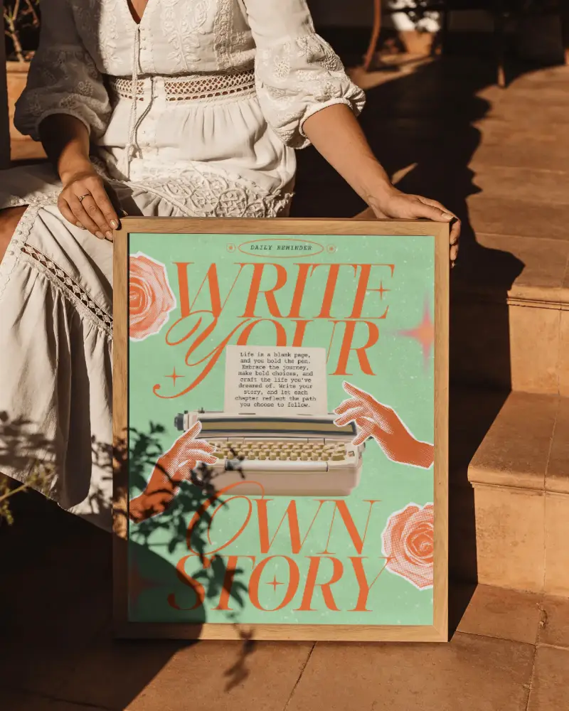 Boho Style White Dress Woman Sitting Holding Wooden Frame Poster Mockup