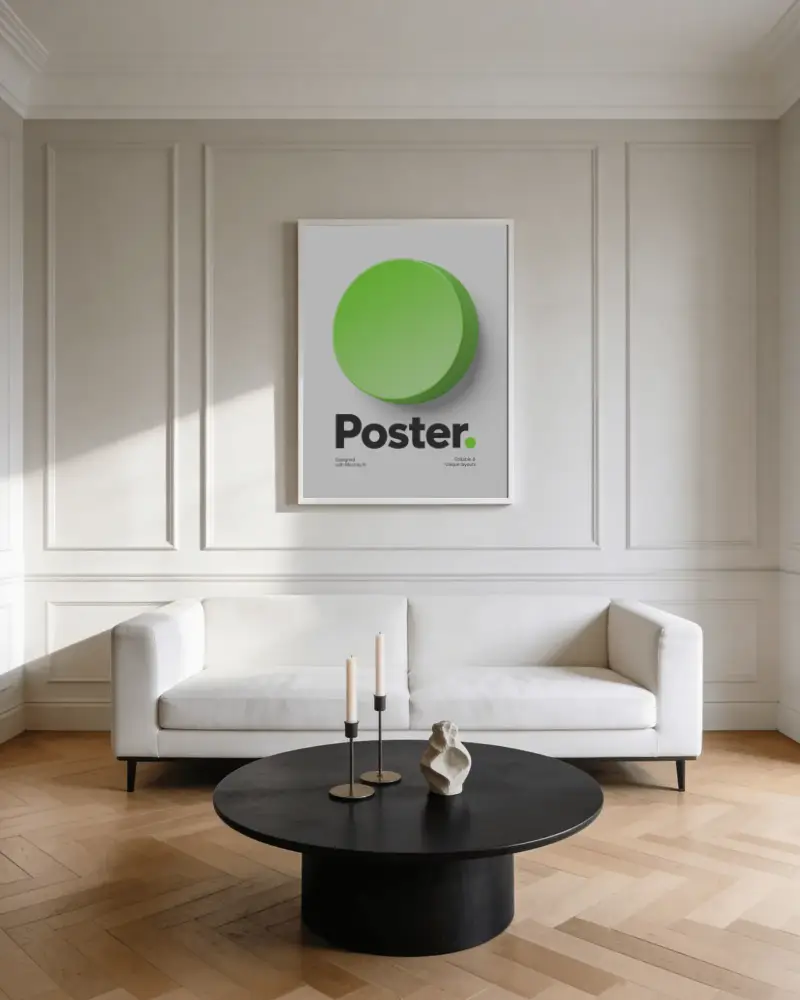 Modern Minimalist Living Room Poster Mockup With Sofa And Round Coffee Table Design