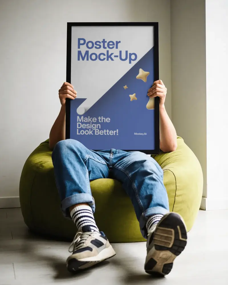 Person Sitting On Beanbag Holding Poster Frame In Modern Interior Room