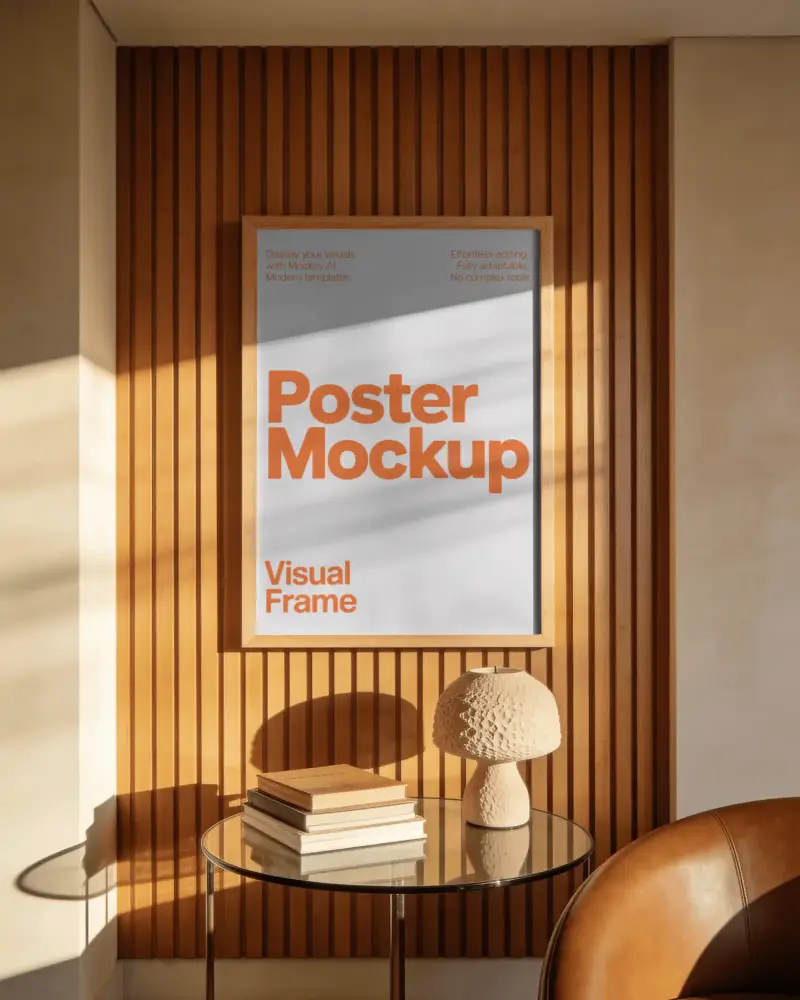 Stylish Poster Mockup Showcasing Minimalist Design With Table Lamp And Seating Area