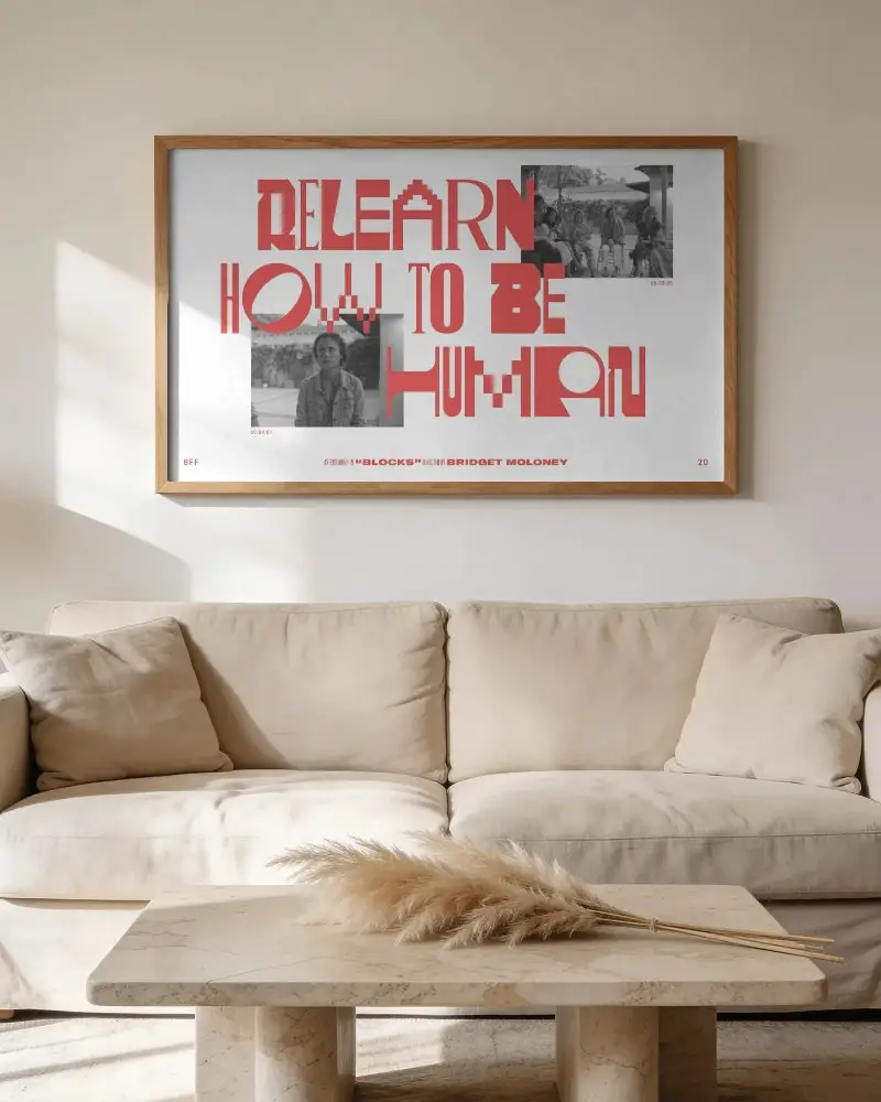Neutral Minimalist Living Room With Large Wooden Framed Wall Poster Above Sofa