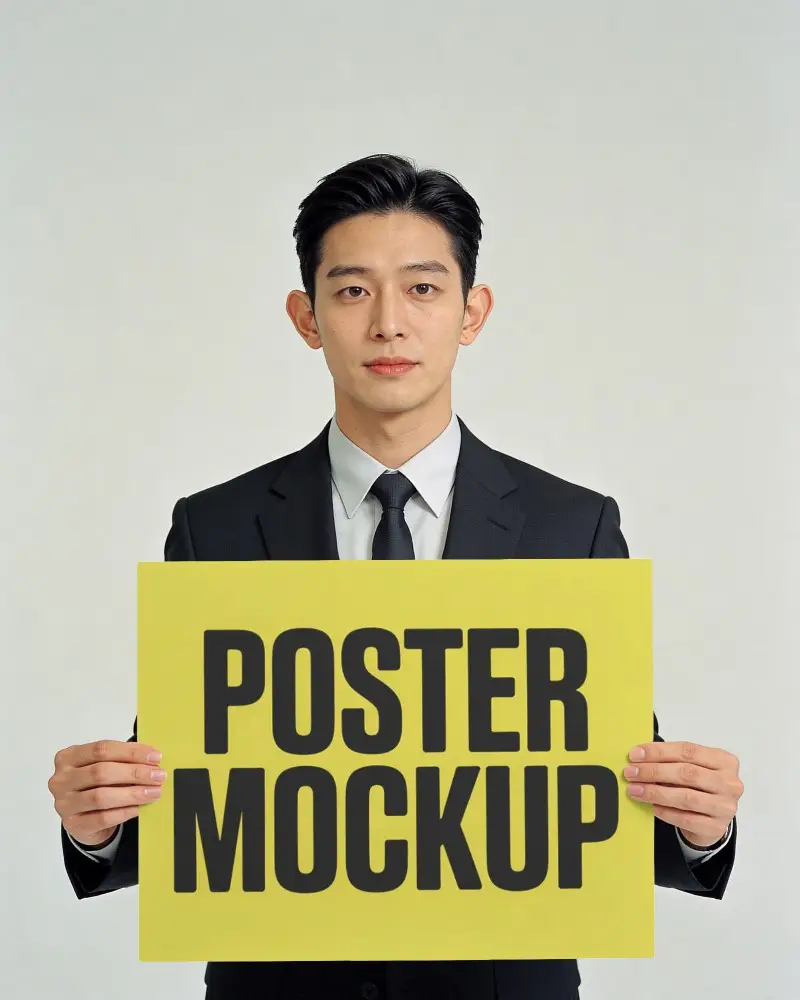 Professional Businessman Holding Horizontal Poster Mockup For Clean Modern Presentation