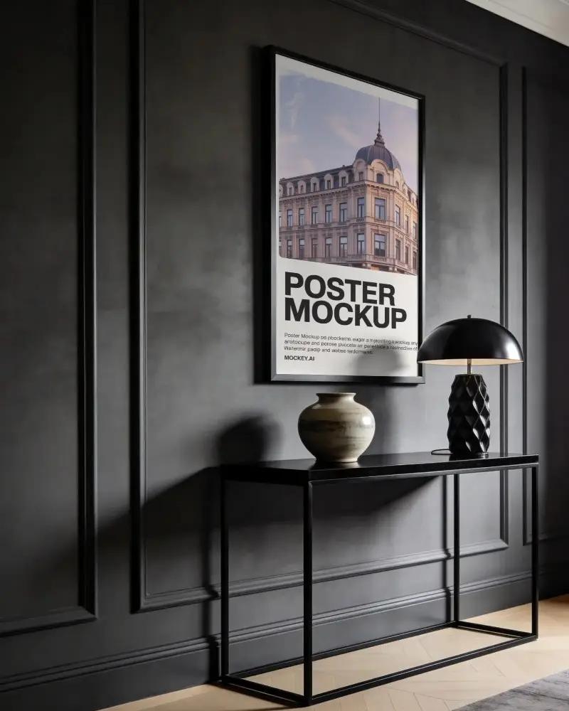 Interior Scene With Blank Vertical Poster Mockup Frame And Stylish Lamp On Console Table