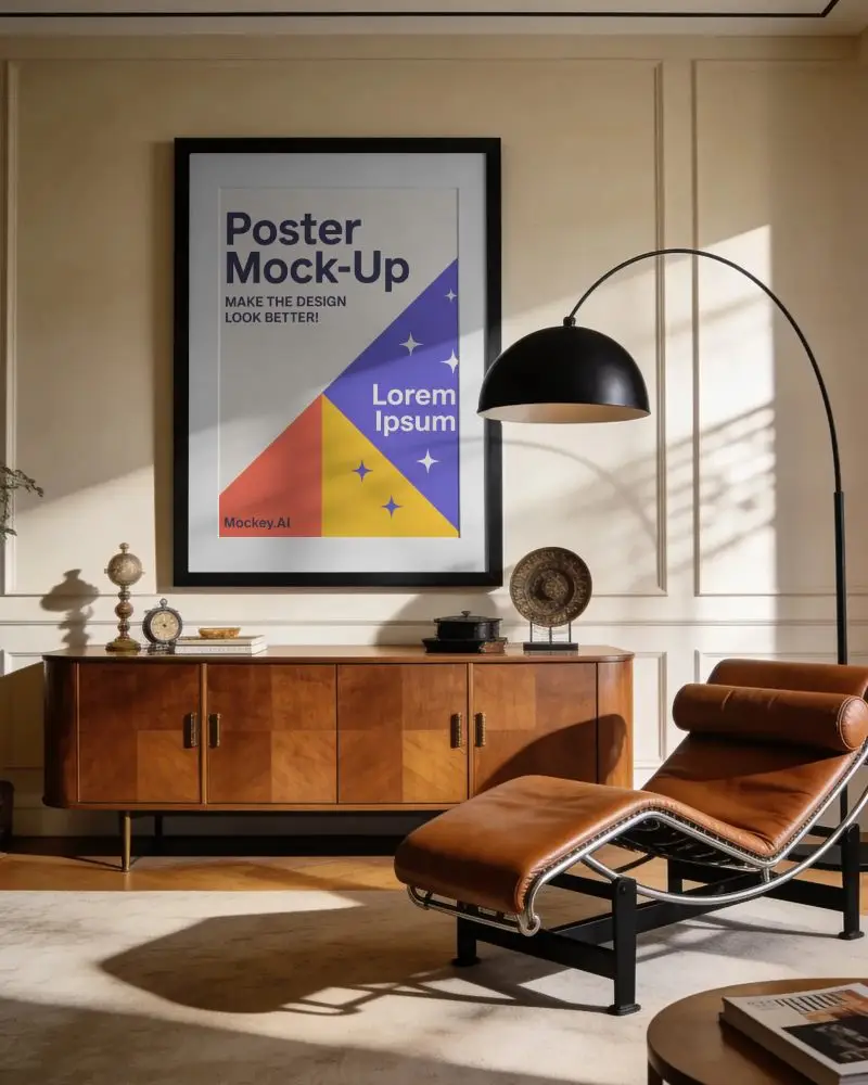Elegant Living Room Poster Mockup With Midcentury Modern Furniture And Floor Lamp