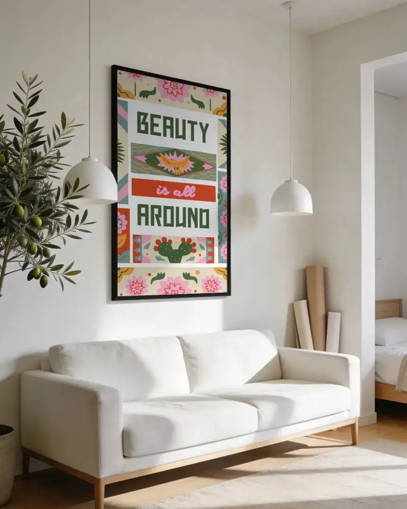 Interior Design Poster Mockup In Cozy Living Room Setting With Natural Light
