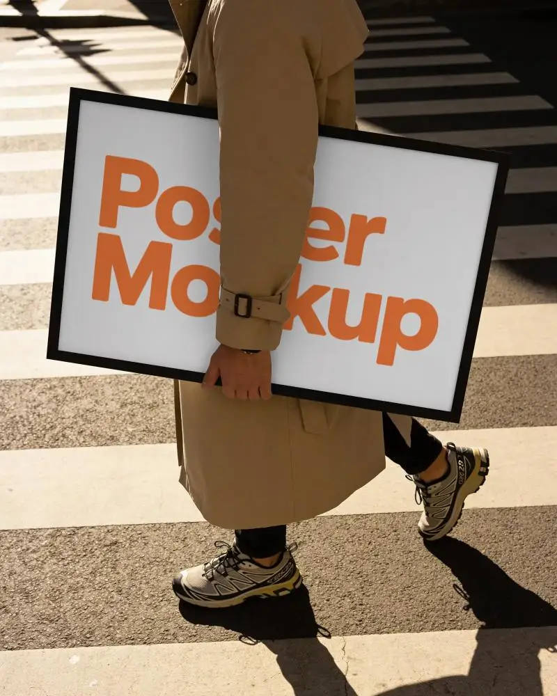 Person Holding Large Poster Mockup Walking Urban Street Crosswalk Outdoor Creative