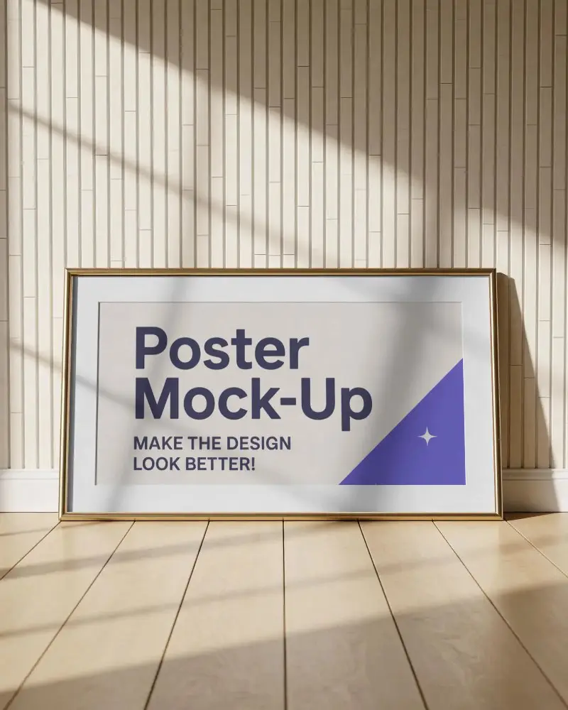 Sleek Horizontal Poster Mockup On Wooden Floor With Vertical Striped Wall Background