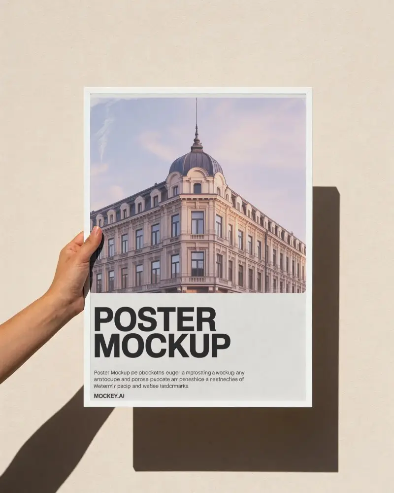 Vertical Blank Poster Mockup With Hand And Soft Shadow On Plain Textured Surface