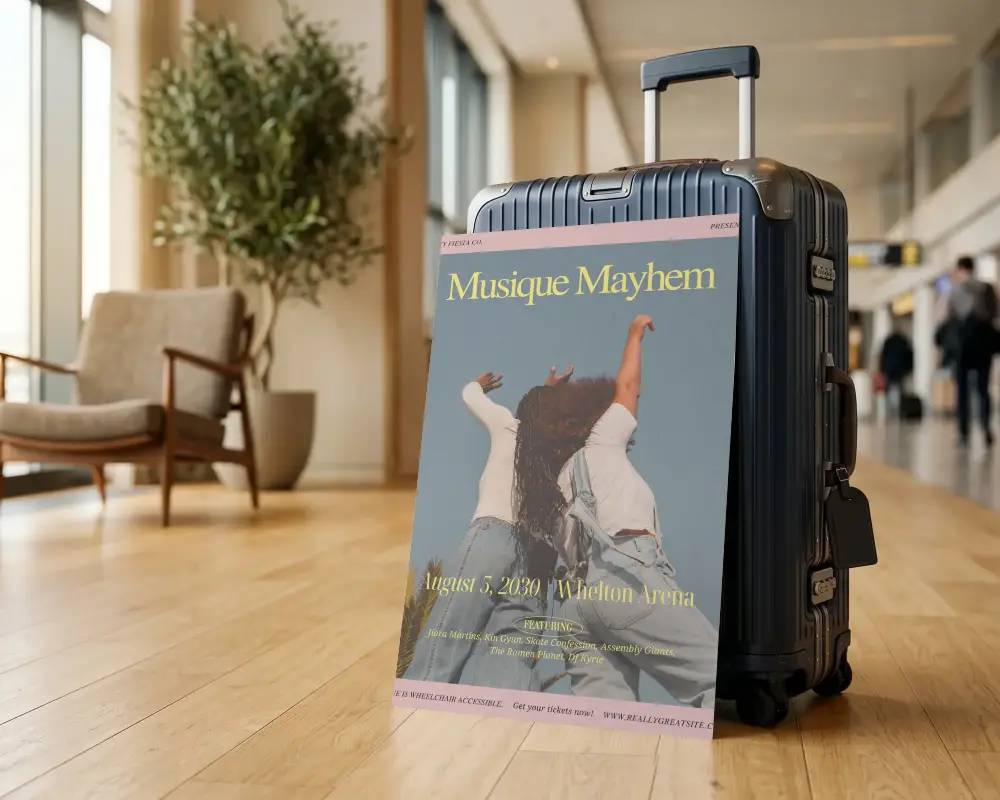 Modern Airport Terminal Hall With Travel Suitcase And Blank Poster Mockup