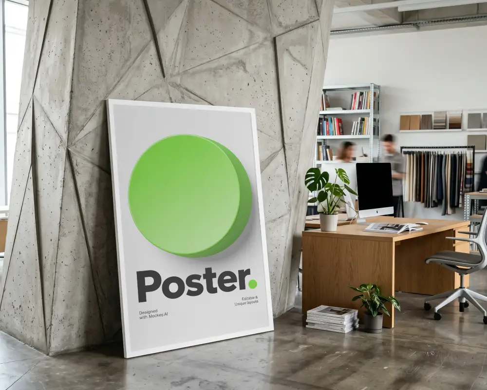 Modern Office Poster Mockup Leaning Against Textured Concrete Wall With Desktop And Plants