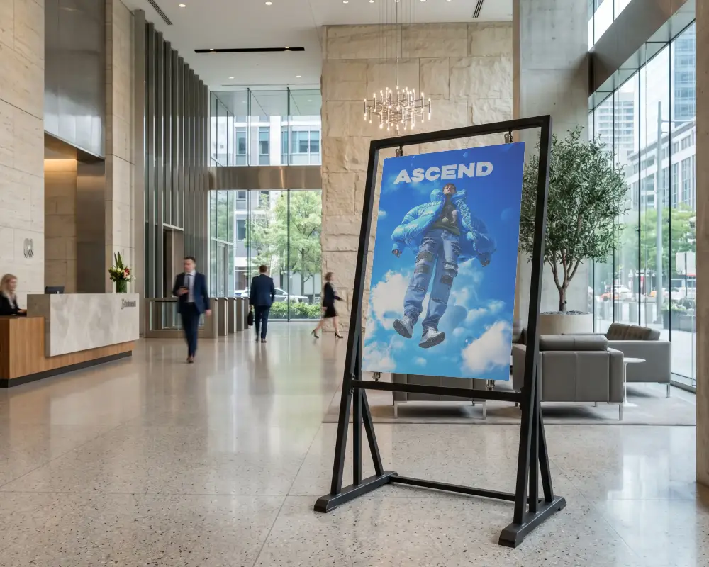 Freestanding Poster Mockup In Spacious Corporate Lobby With Large Glass Windows