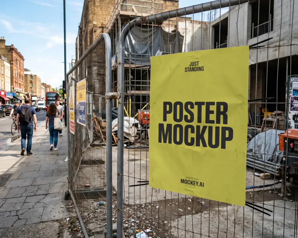 Urban Construction Site Fence With Blank Poster Mockup In City Street Environment Pedestrians