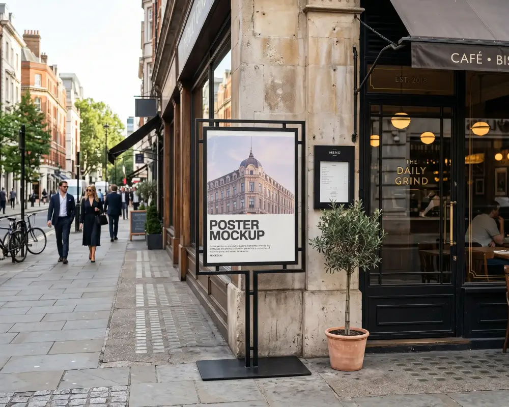Elegant Outdoor Poster Mockup On Urban Sidewalk Near Cafe Entrance For Marketing