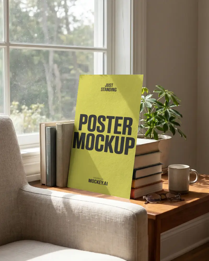 Cozy Modern Home Office Decor With Poster Mockup Books And Plant On Wooden Table