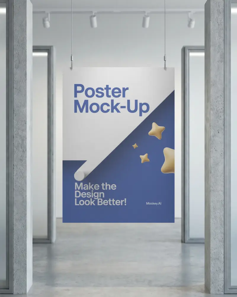 Hanging Vertical Poster Mockup In Contemporary Architectural Interior Setting