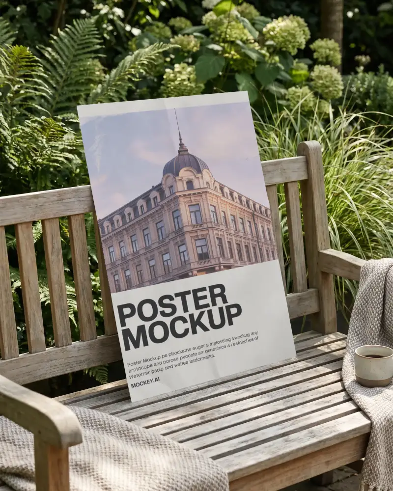 Outdoor Poster Mockup On Wooden Bench With Cozy Blanket And Coffee Cup