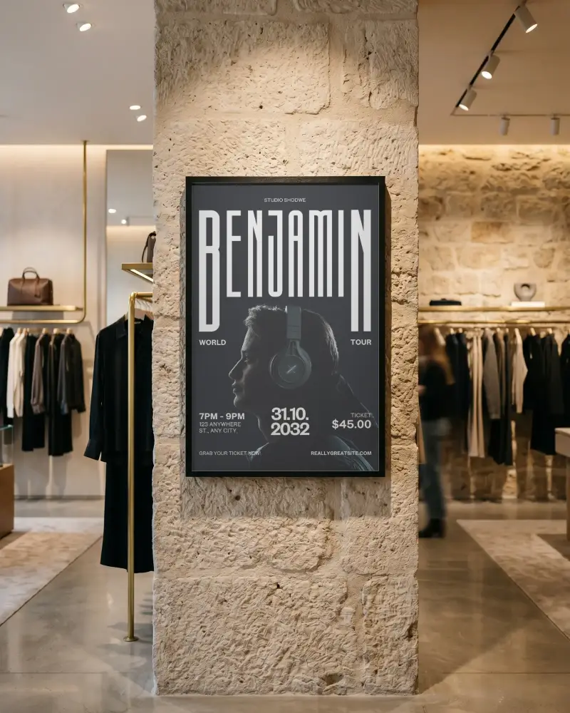 Vertical Frame Poster Mockup On Textured Stone Pillar In Luxury Clothing Store