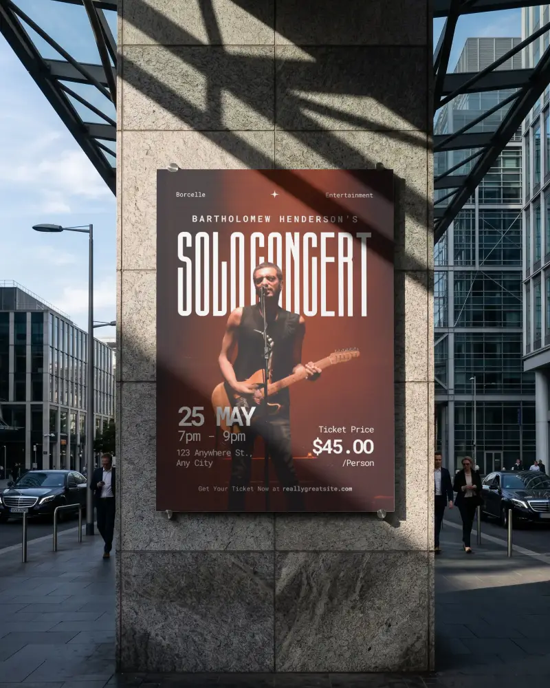 Urban Outdoor Poster Mockup On Textured Stone Wall With Shadows And Modern Cityscape