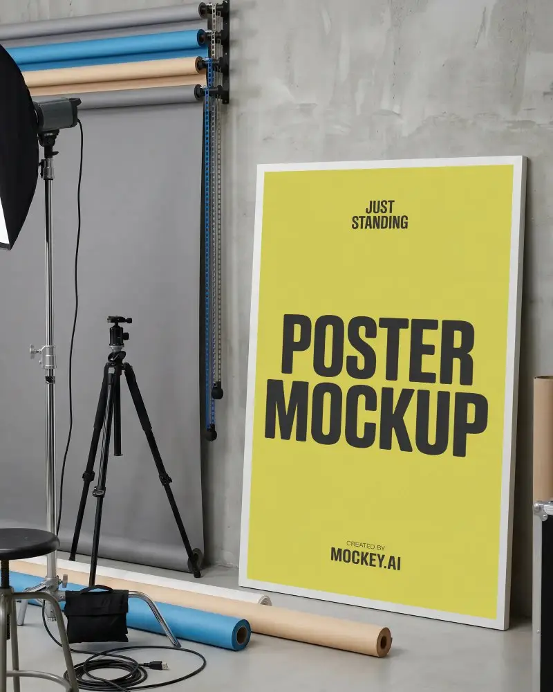 Studio Poster Mockup Leaning Against Textured Wall With Photography Equipment Around