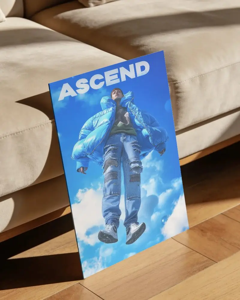 Blank Poster Mockup Standing Indoor Wooden Floor Next To Sofa Light Shadow