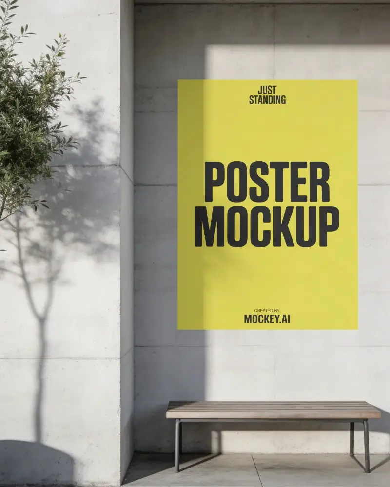 Minimalistic Outdoor Poster Mockup With Bench And Natural Tree Shadow Background
