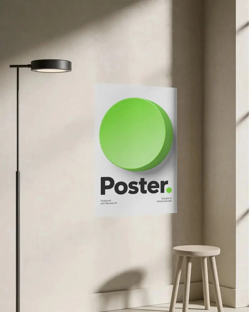 Modern Minimalist Poster Mockup With Floor Lamp And Wooden Stool In Bright Room Light
