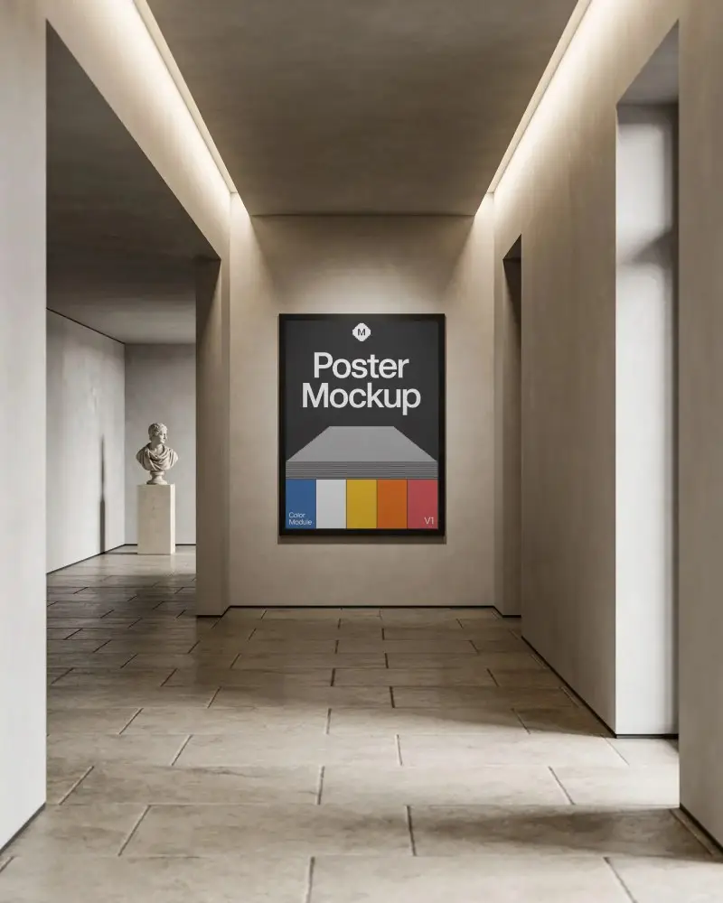 Modern Gallery Wall Poster Mockup With Spotlighting And Classic Sculpture In Background