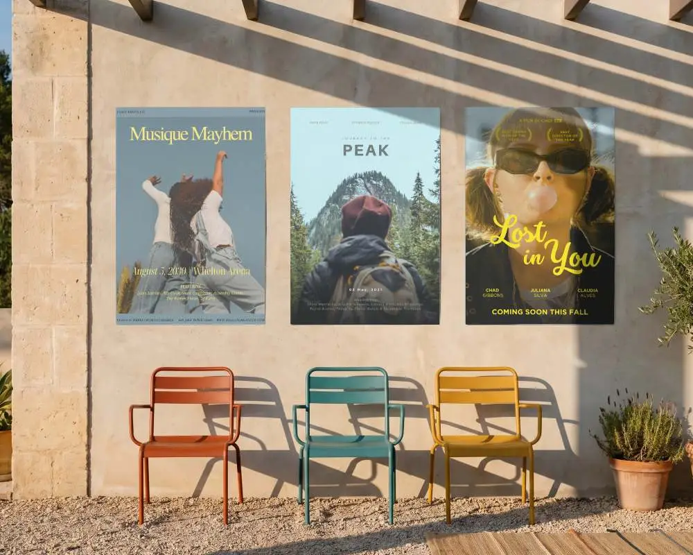 Outdoor Poster Mockups With Three Empty Wall Posters Above Metal Chairs In Sunlight Shadows