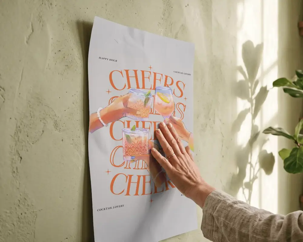 Hand Touching Textured Paper Poster Mockup Hanging On Textured Wall Under Natural Light