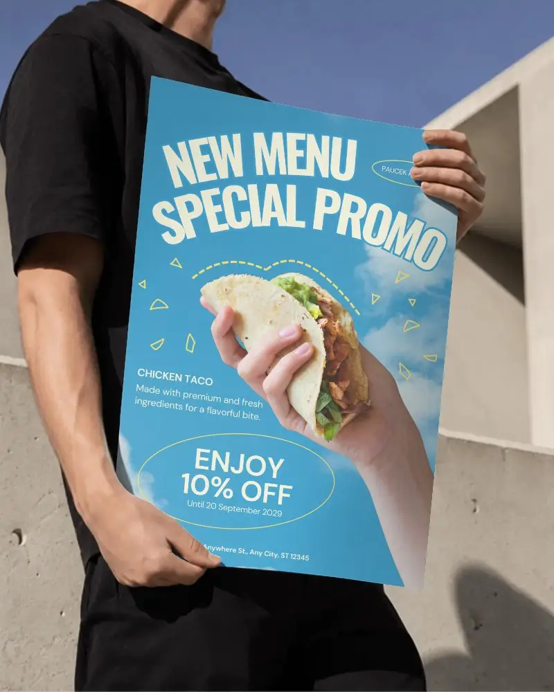 Outdoor Poster Mockup Featuring Man Presenting Blank Poster With Shadows And Clear Sky Background