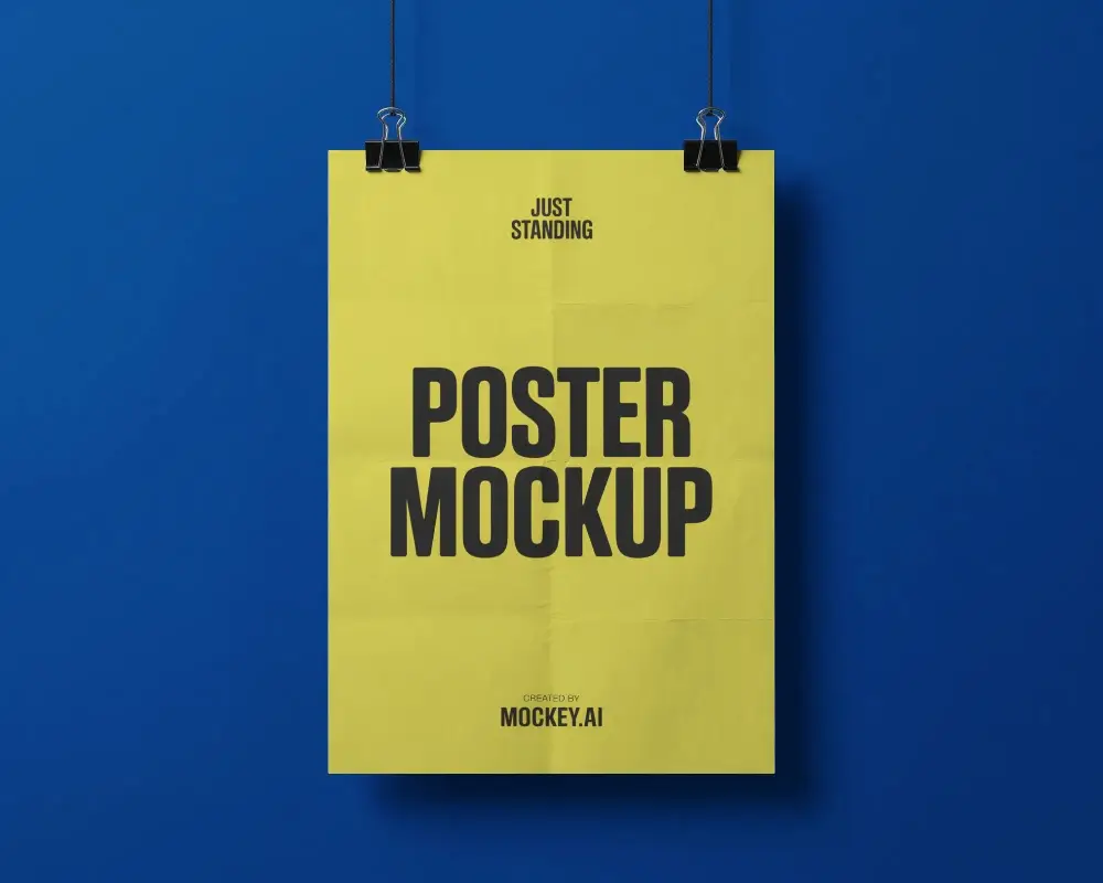 Realistic Hanging Poster Mockup With Paper Texture On Clean Background With Clips