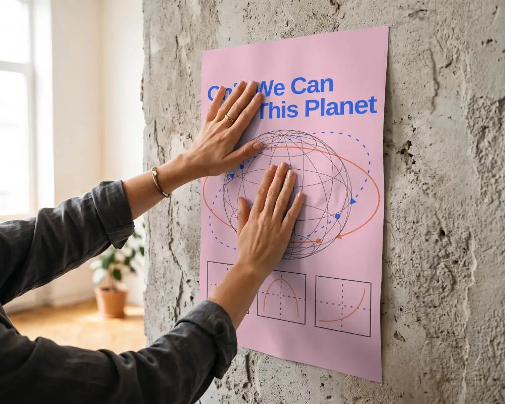 Person Facing Worn Textured Wall Placing Poster Mockup On Rough Surface