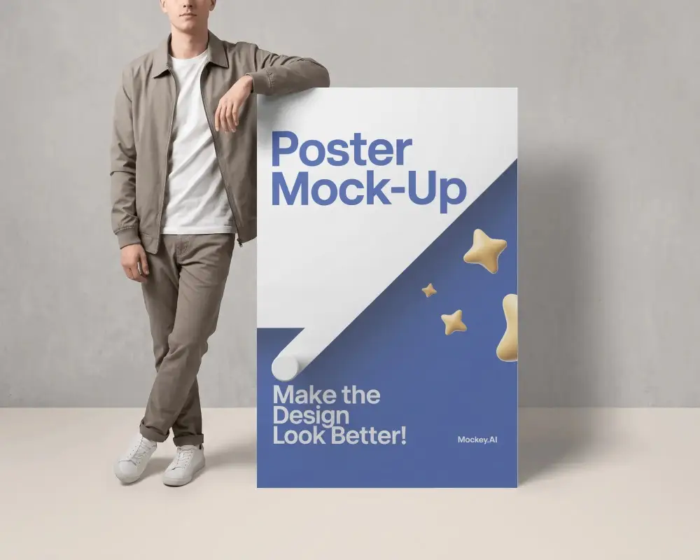 Man Standing Next To Large Portrait Poster Mockup For Creative Advertising Showcases