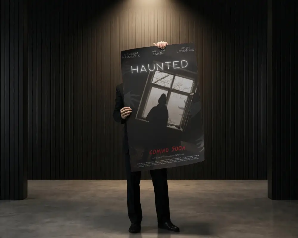 Businessman Holding Large Blank Poster Mocckup In Modern Interior Studio With Spotlight