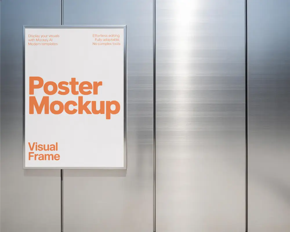 Vertical Poster Mockup Display On Brushed Metal Panel For Promotional Visuals