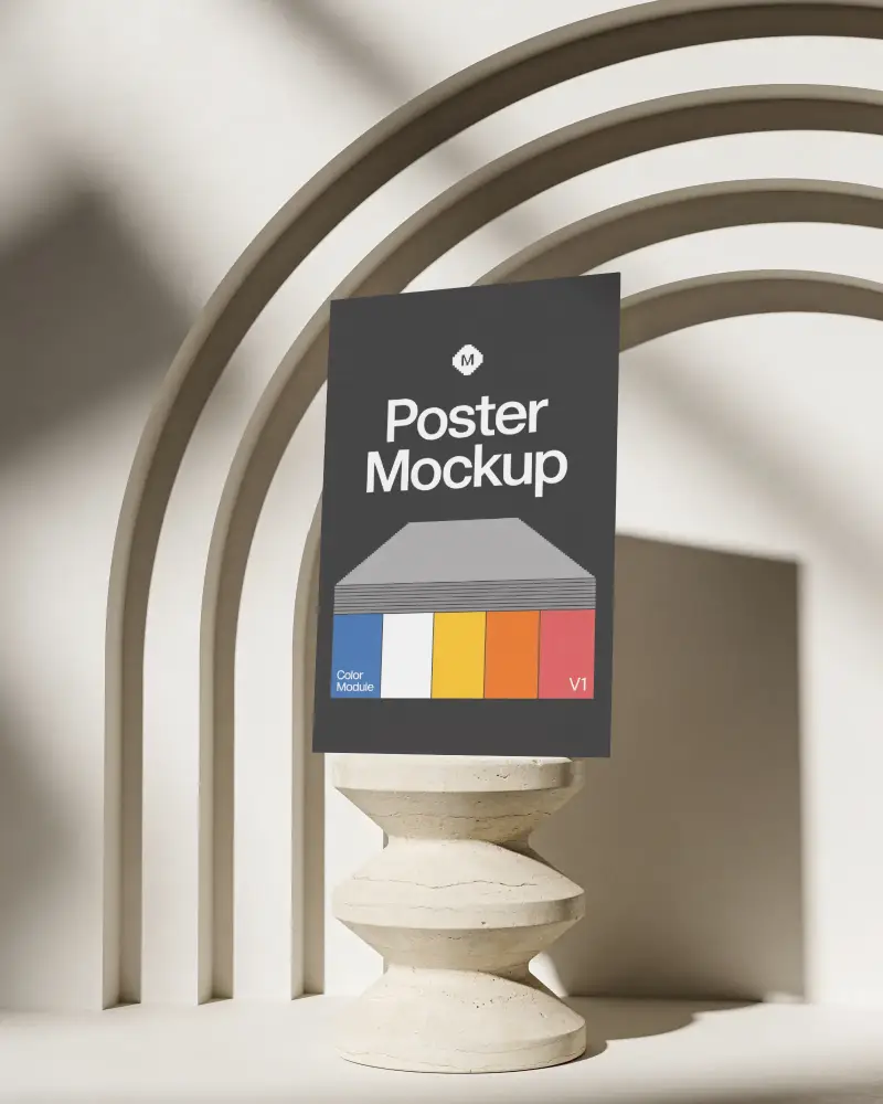 Modern Minimalist Poster Mockup Placed On Textured Pedestal With Shadowed Arched Wall