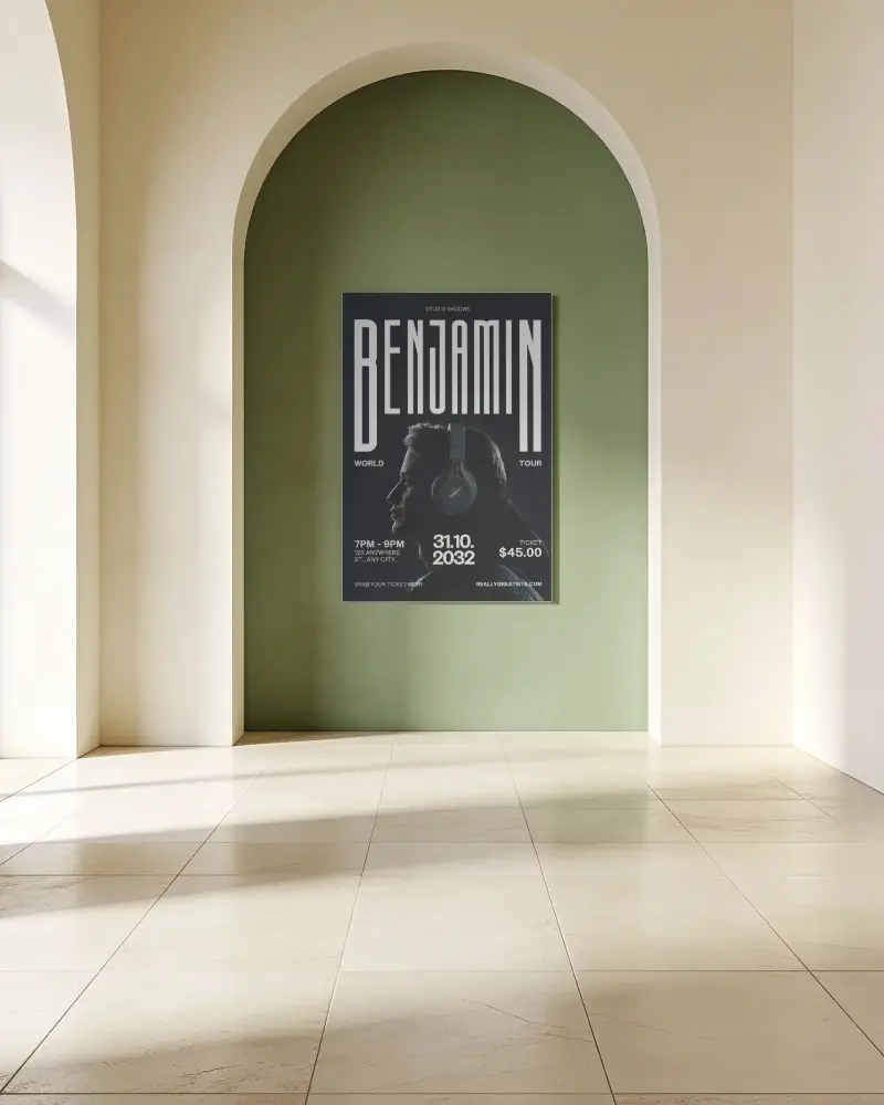 Large Minimalist Poster Mockup Hanging On Arched Green Wall With Natural Light