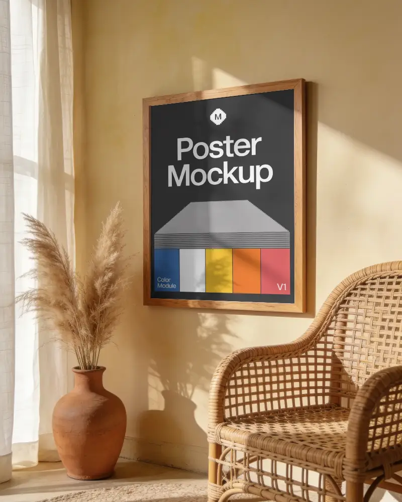 Natural Light Boho Interior With Rattan Chair And Minimalist Wall Poster Mockup