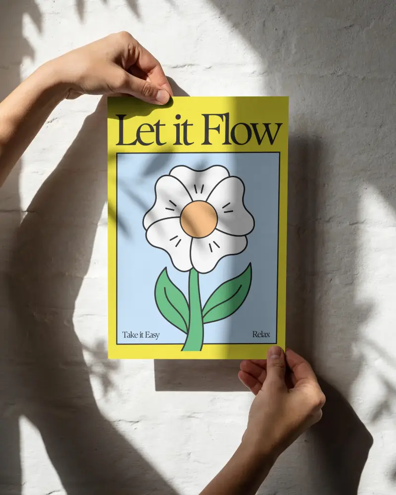 Wall Mounted Blank Poster Mockup With Shadows Of Leaves And Hands Holding The Paper