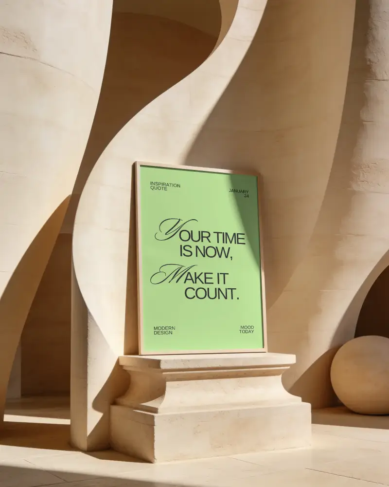 Modern Architectural Poster Mockup On Stone Pedestal With Curved Abstract Background