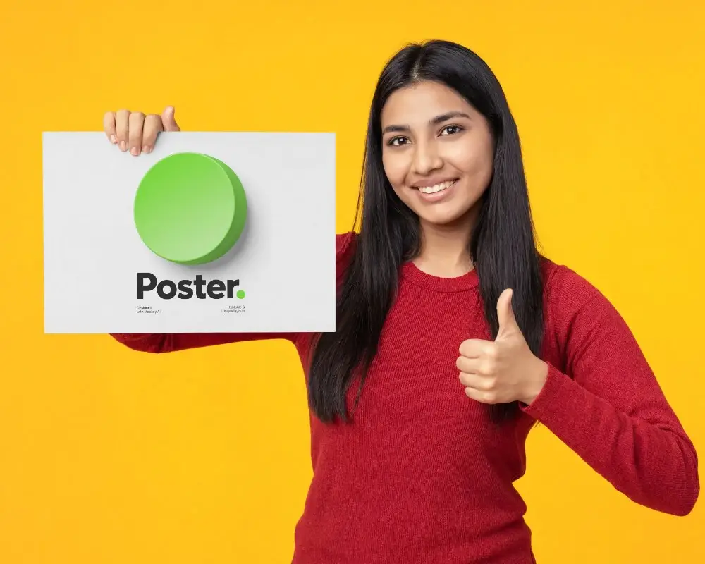 Happy Woman Presenting Poster Mockup For Customized Advertising And Promotional Content
