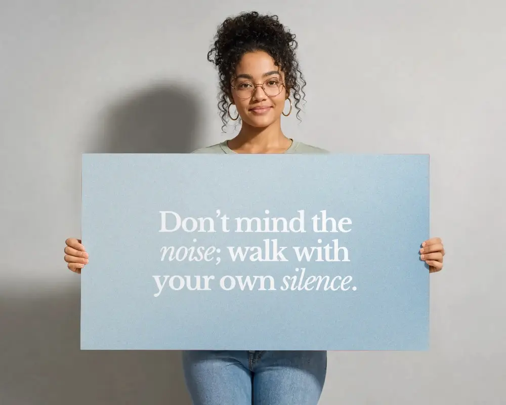 Young Woman Holding Large Poster Mockup Wearing Blue Jeans Casual Outfit Neutral Background