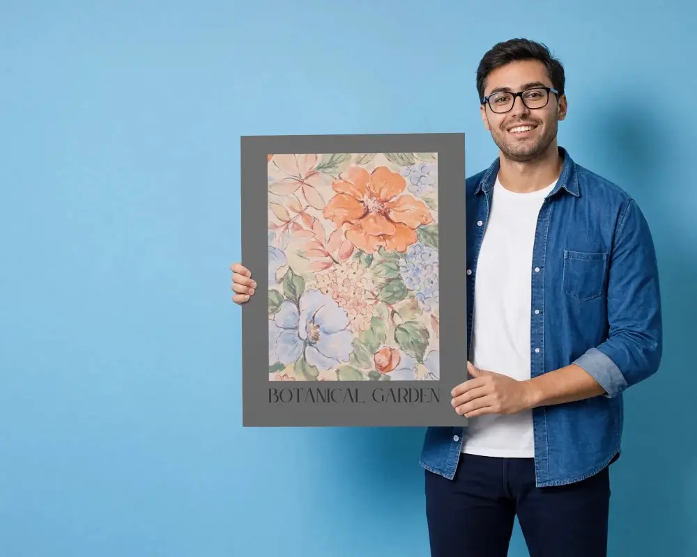 Happy Man Holding Poster Mockup In Front Of Blue Background Ideal For Advertising And Promotions