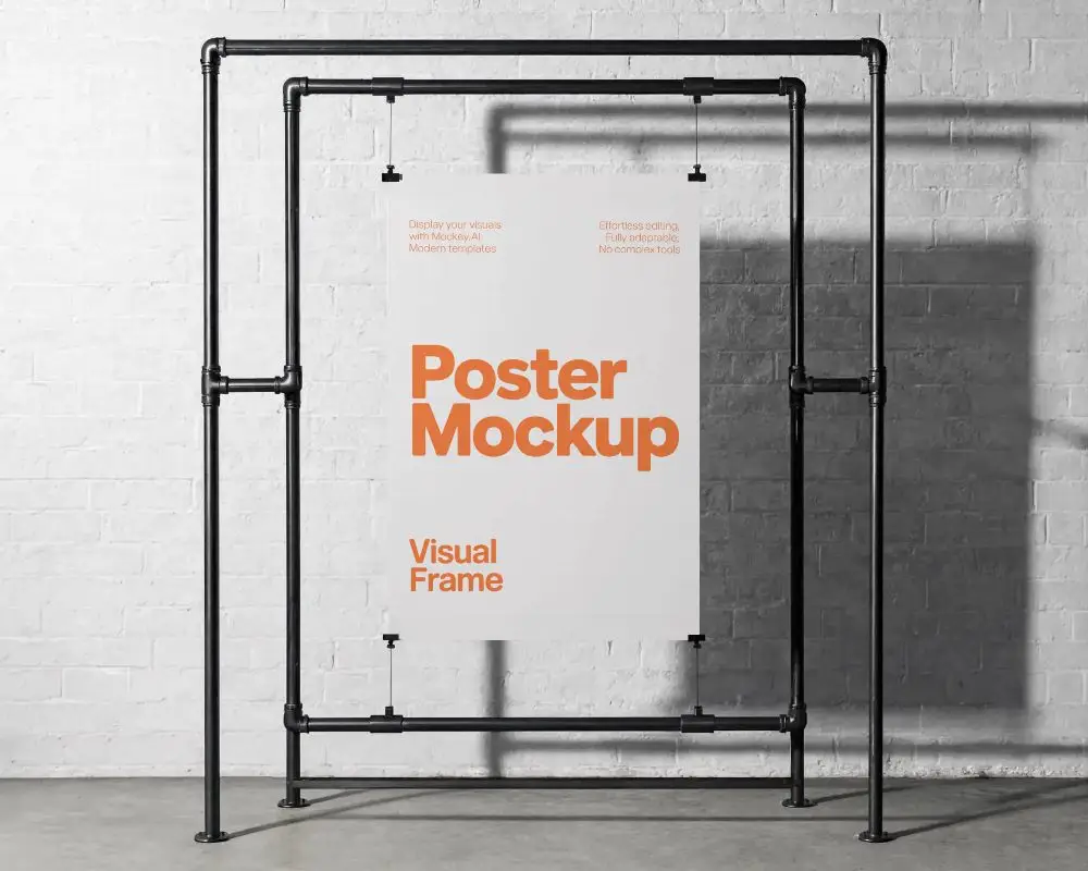 Large Poster Mockup Hanging On Metal Pipe Stand For Modern Gallery Exhibit Presentation