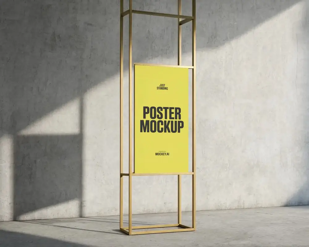 Vertical Poster Mockup Display With Metallic Stand And Minimalist Industrial Background