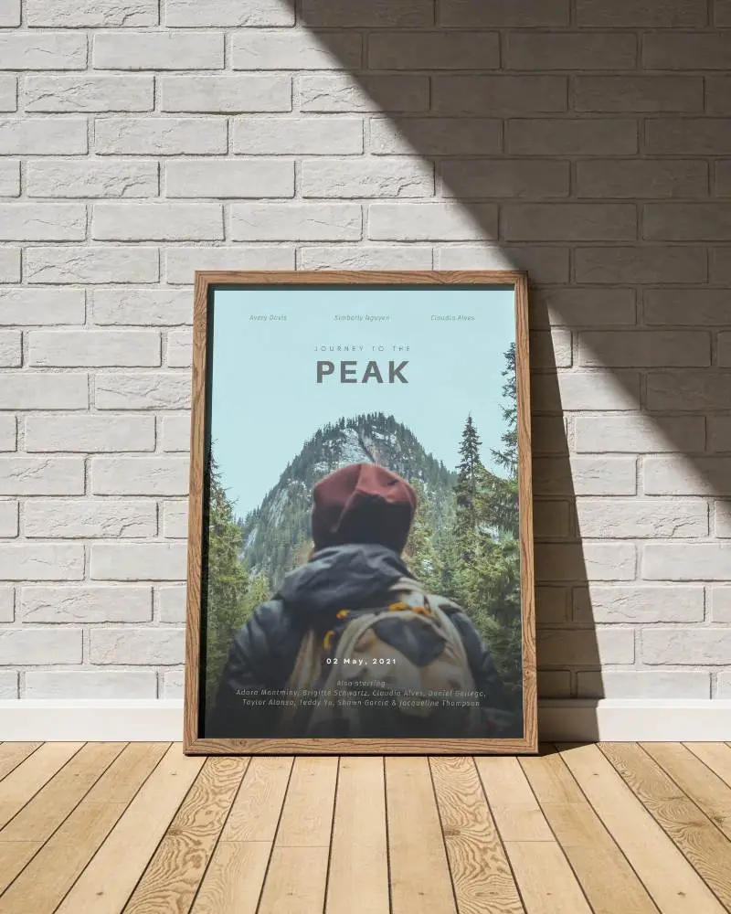 Minimalist Blank Poster Frame Mockup Leaning Against Textured Brick Wall On Wooden Floor