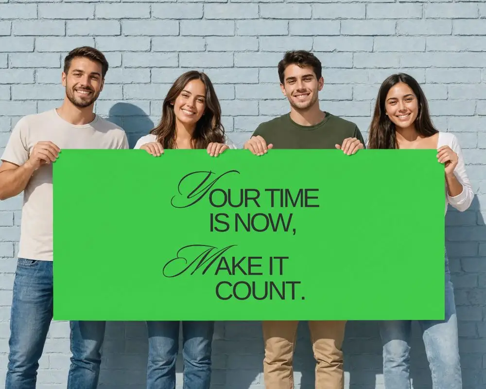 Group Of Four Happy People Holding Large Blank Horizontal Poster Mockup For Marketing
