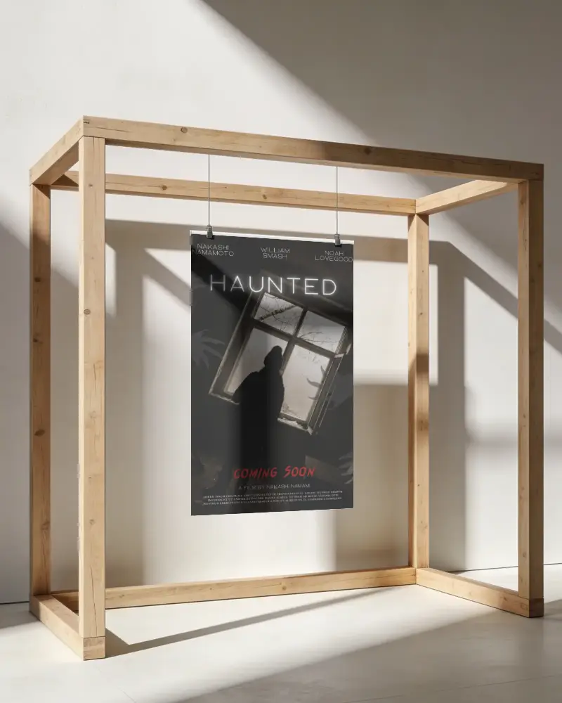Minimalistic Hanging Poster Mockup Display On Wooden Frame In Sunlit Room For Modern Decor