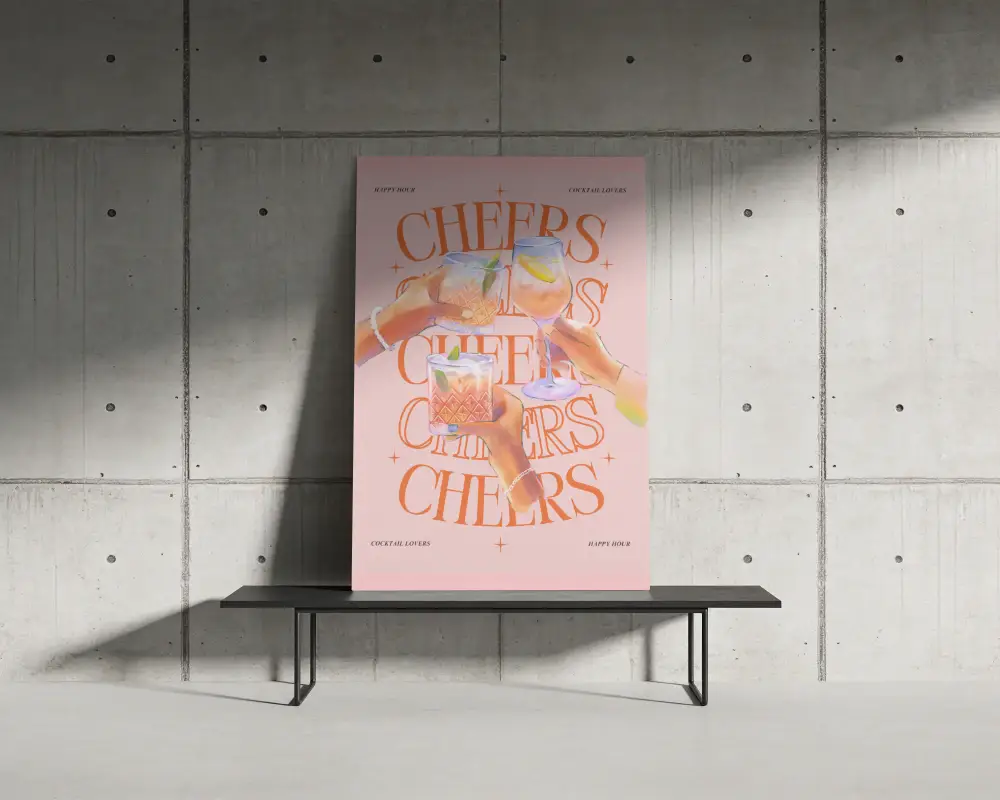 Minimalistic Blank Poster Mockup Leaning Against Industrial Concrete Wall On Bench
